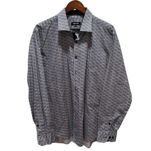 JARED‎ LANG Mens 2XL Long Sleeve Button Down Shirt Geometric Print Blue White